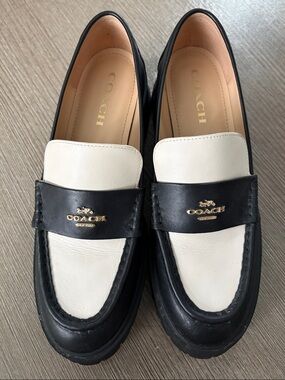 Coach Black & White Leather Penny Loafers with Gold Logo